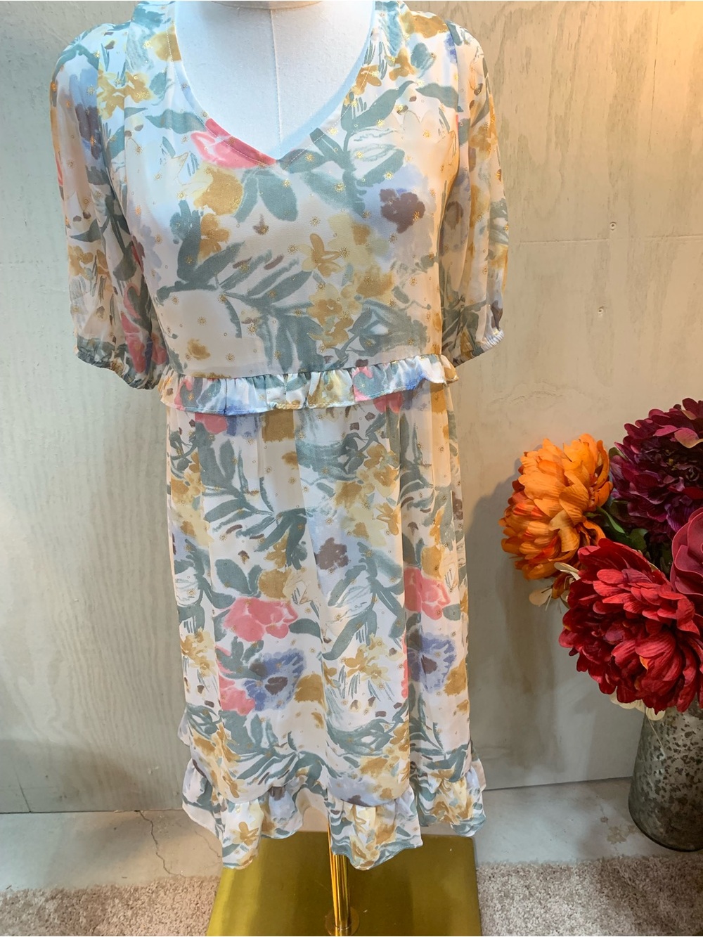 JODIFL Pastel Floral Ruffle Midi Dress in Multi